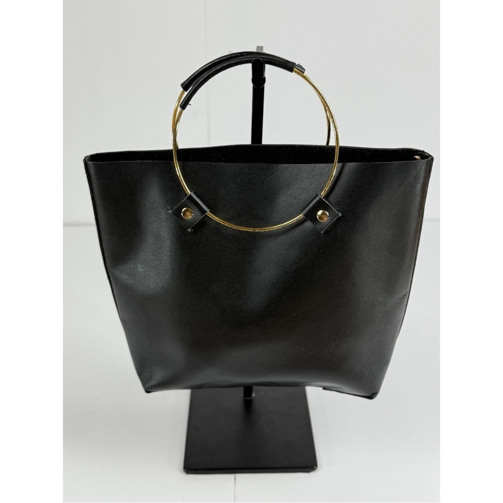 Tribe Alive Black Leather Satchel Handbag, Metal Hoop Handles